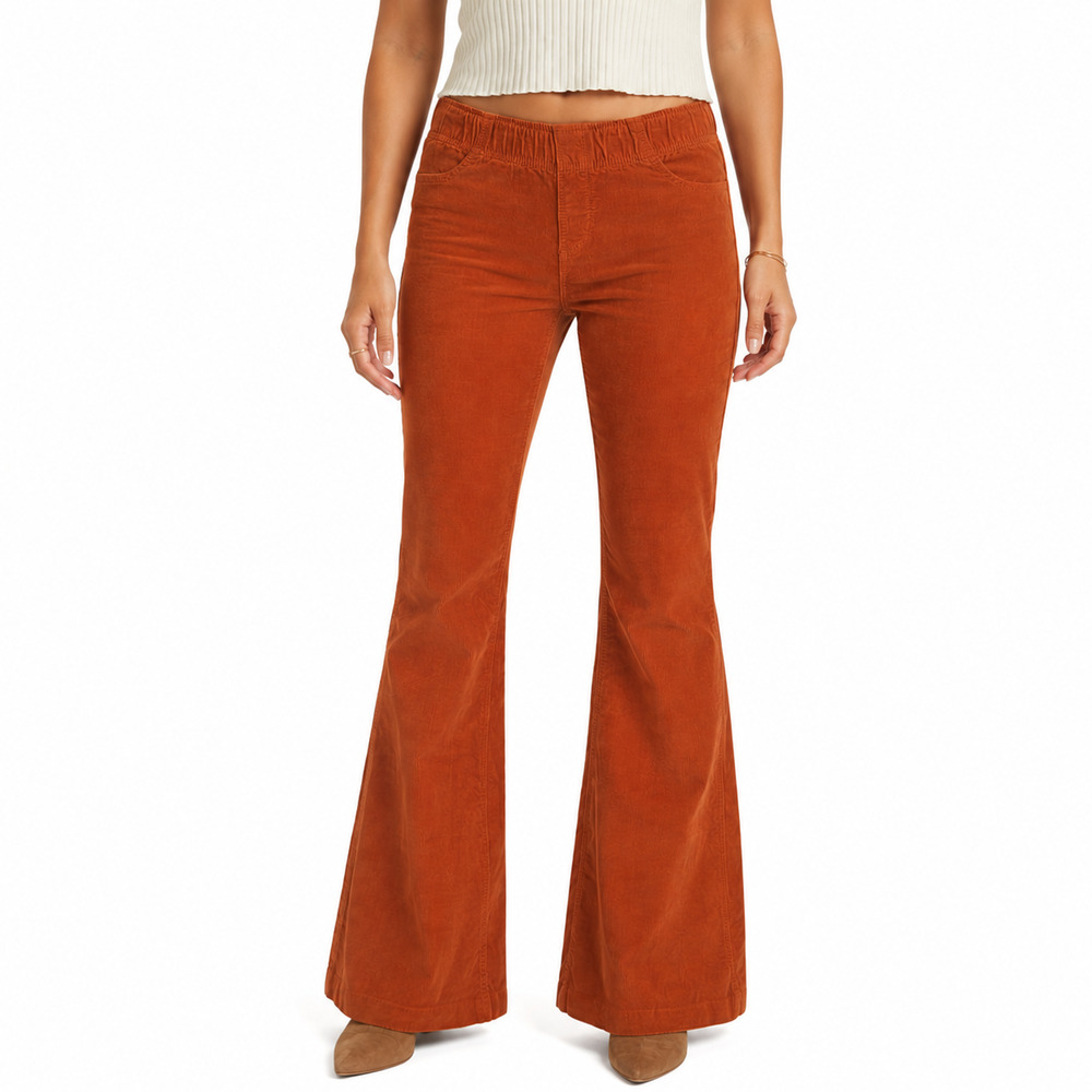Free People Fine Wale Pull On Dark Orange Corduroy Pants Flare Stretch Cotton 26